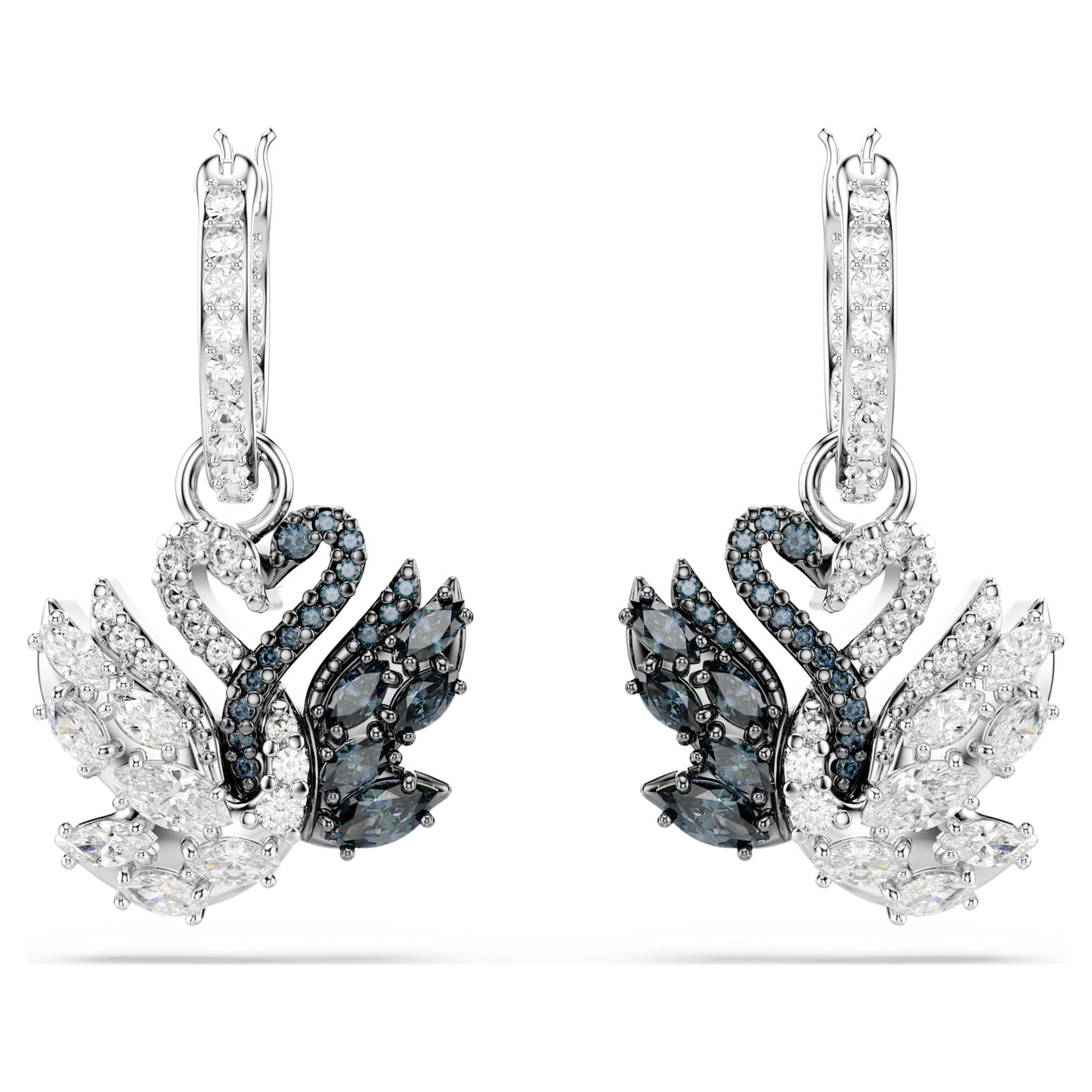 SWAN DROP EARRINGS - BLACK/WHITE, RHODIUM