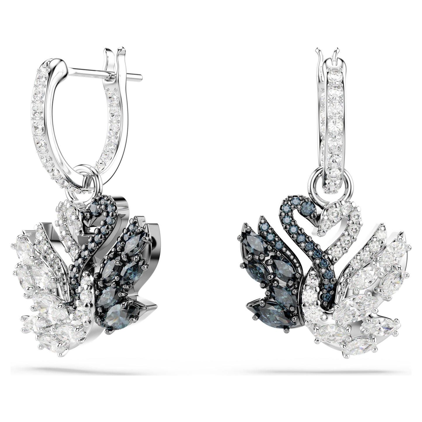 SWAN DROP EARRINGS - BLACK/WHITE, RHODIUM