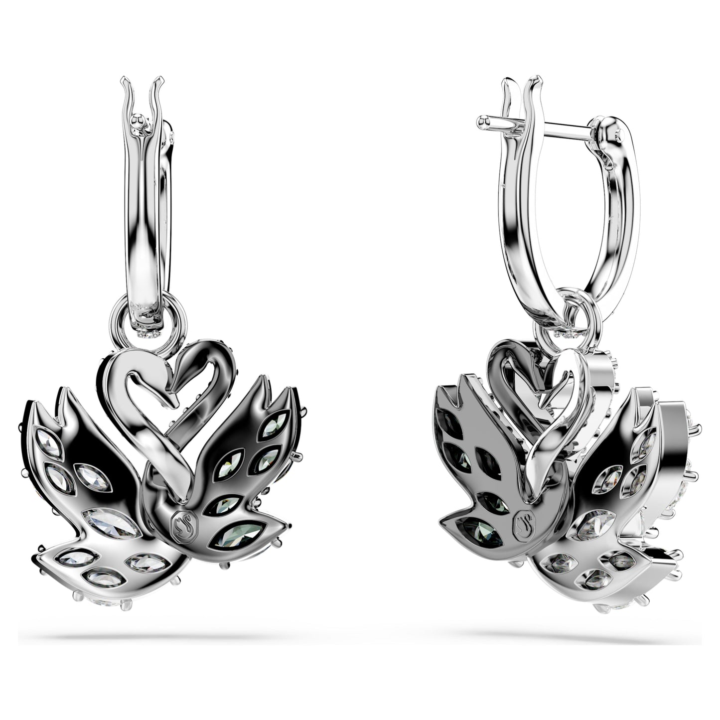 SWAN DROP EARRINGS - BLACK/WHITE, RHODIUM