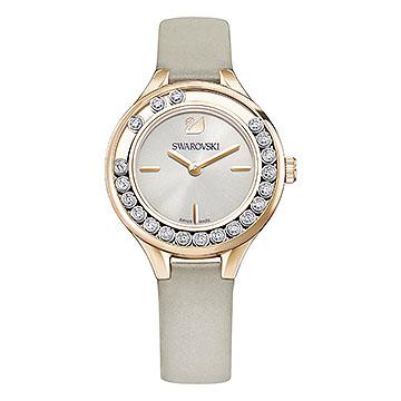 LOVELY CRYSTALS MINI WATCH, LEATHER STRAP, GREY, ROSE-GOLD TONE PVD