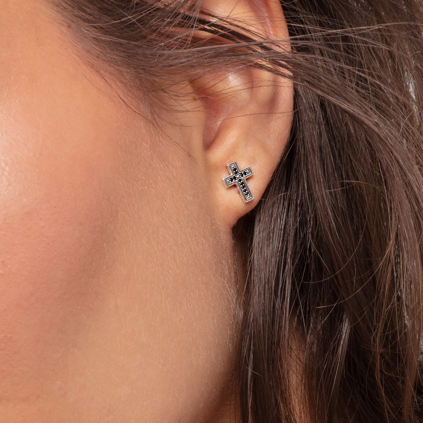 BLACK CZ CROSS STUD EARRINGS