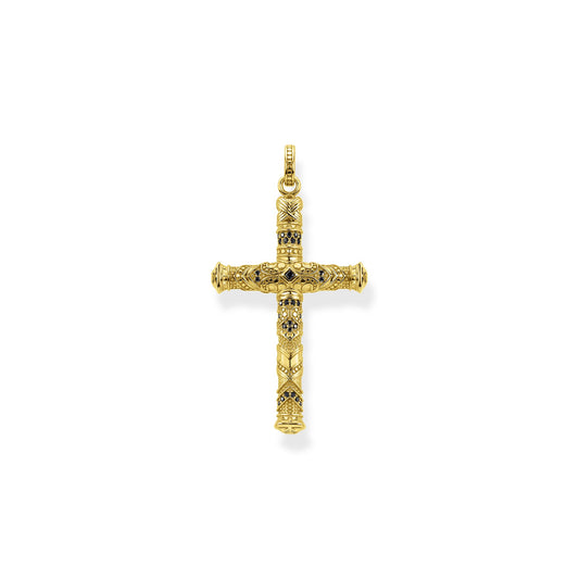 STERLING SILVER YELLOW GOLD PLATED REBEL ART DECO BLACK CZ CROSS PENDANT