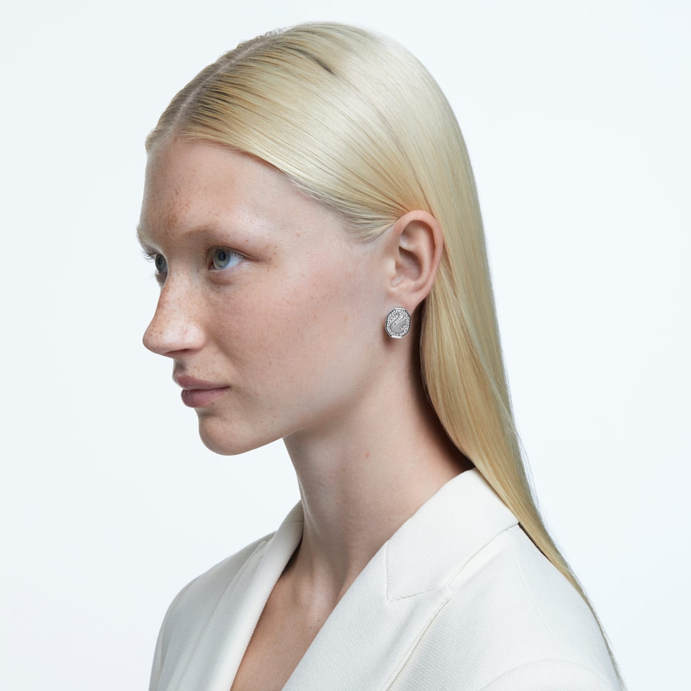 SIGNUM SWAN STUD EARRINGS - WHITE, RHODIUM