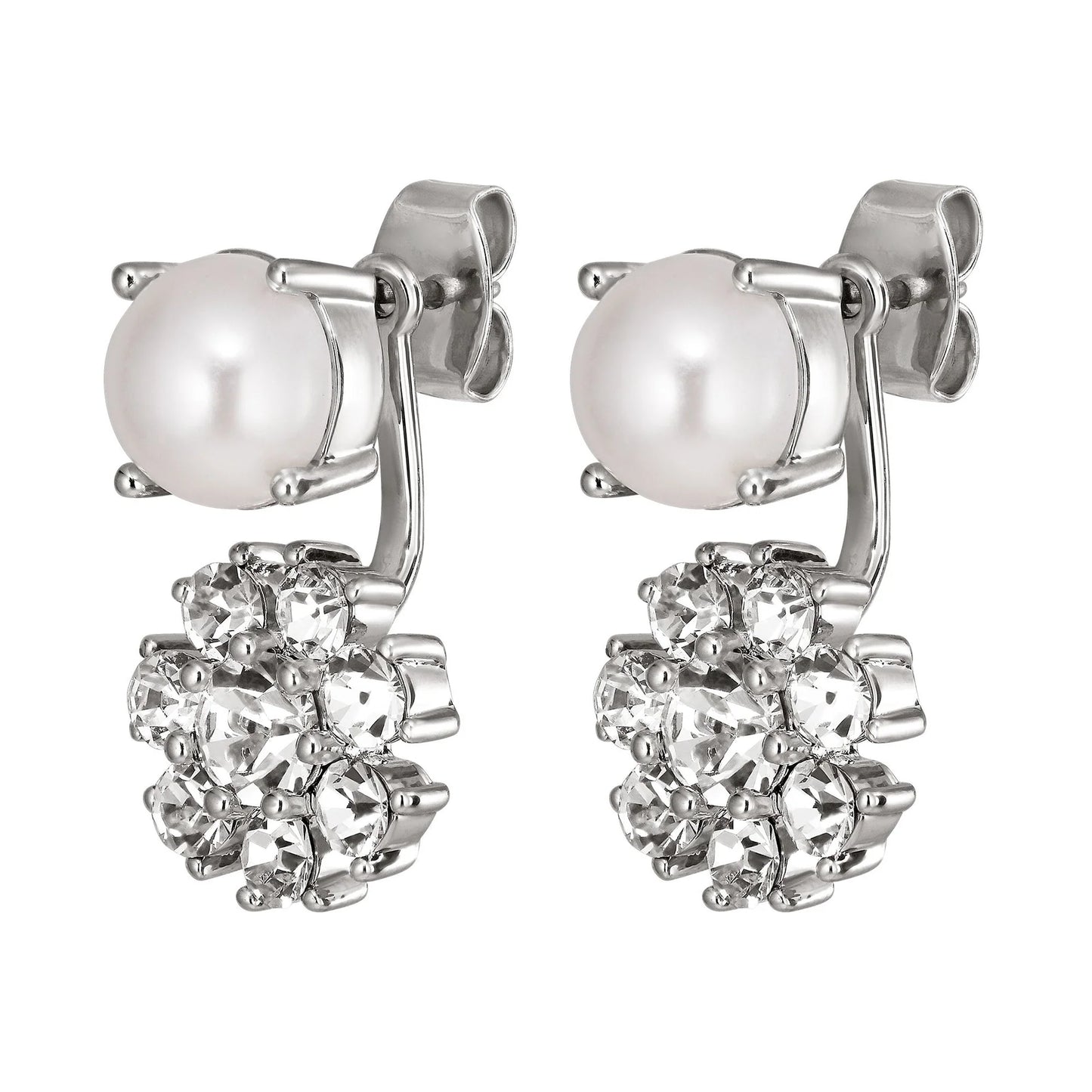 FLOSS SHINEY SILVER CRYSTAL/WHITE PEARL EARRINGS