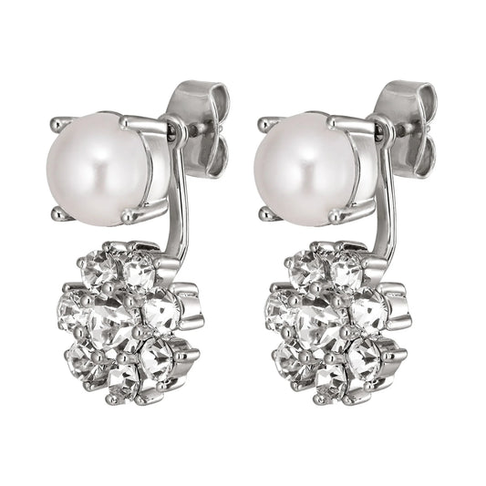 FLOSS SHINEY SILVER CRYSTAL/WHITE PEARL EARRINGS