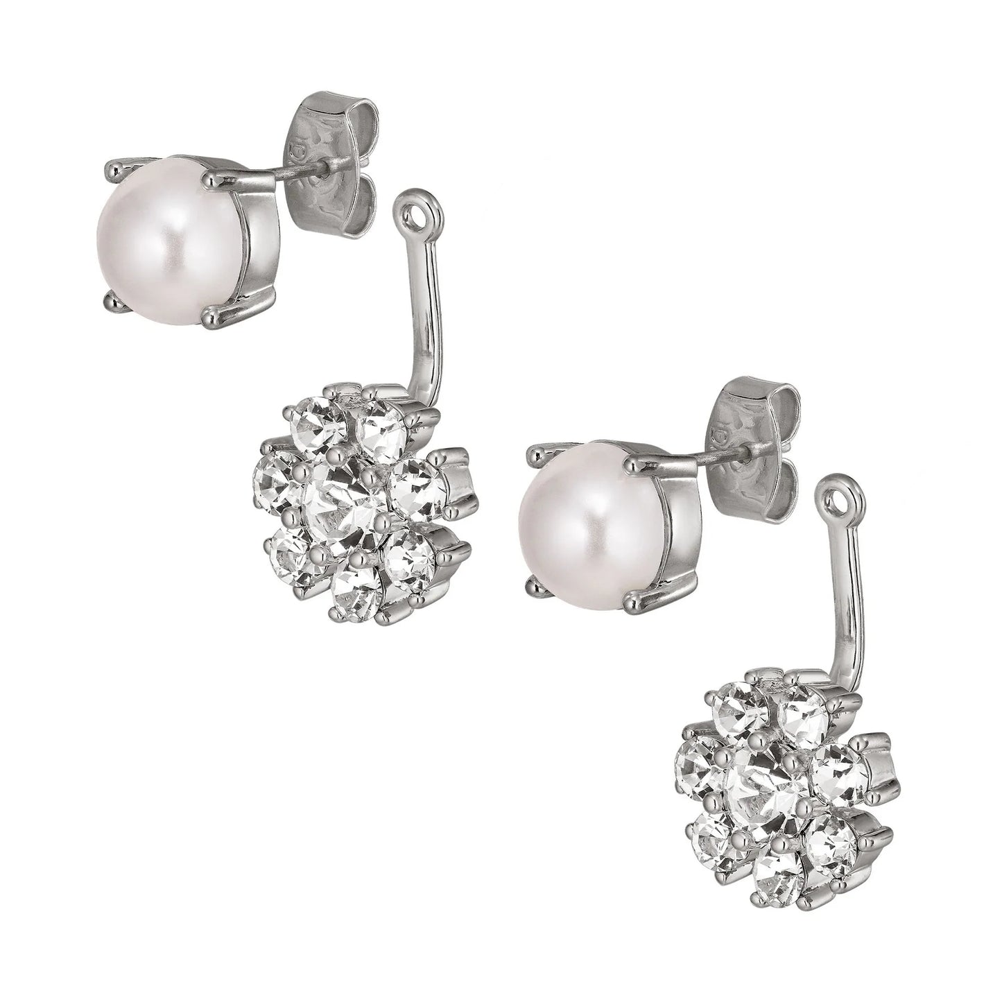 FLOSS SHINEY SILVER CRYSTAL/WHITE PEARL EARRINGS