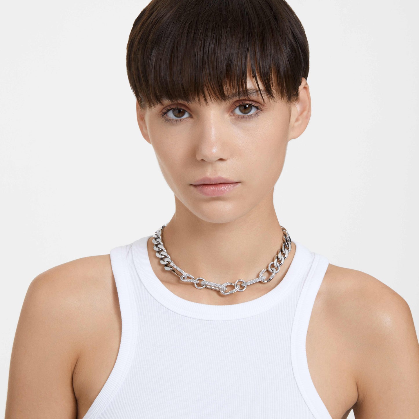 DEXTERA NECKLACE MIXED LINKS - WHITE, RHODIUM