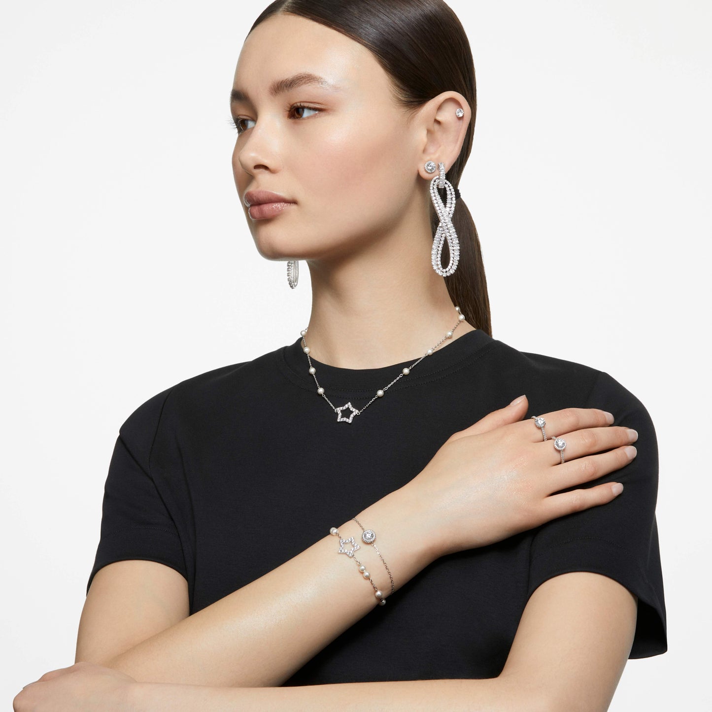 STELLA NECKLACE PEARL STAR - WHITE, RHODIUM