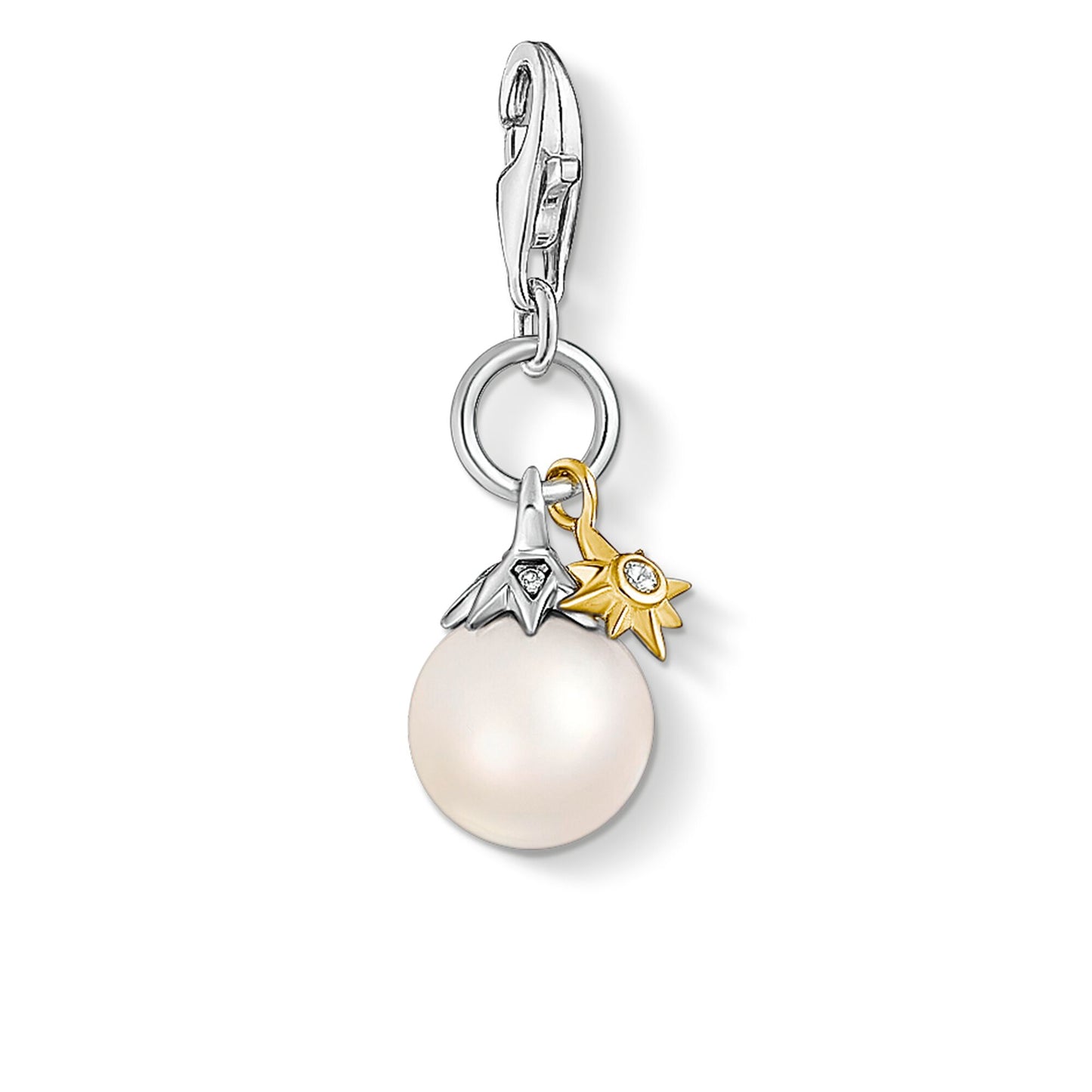 CHARM CLUB STERLING SILVER FRESHWATER PEARL & YELLOW GOLD PLATED STAR CHARM