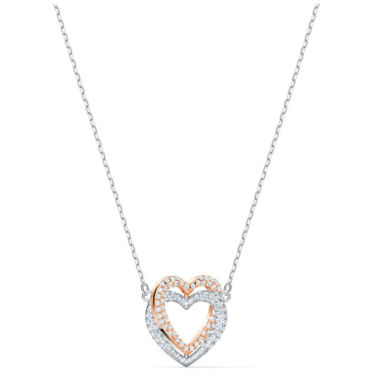 INFINITY DOUBLE HEART NECKLACE, WHITE, MIXED METAL FINISH