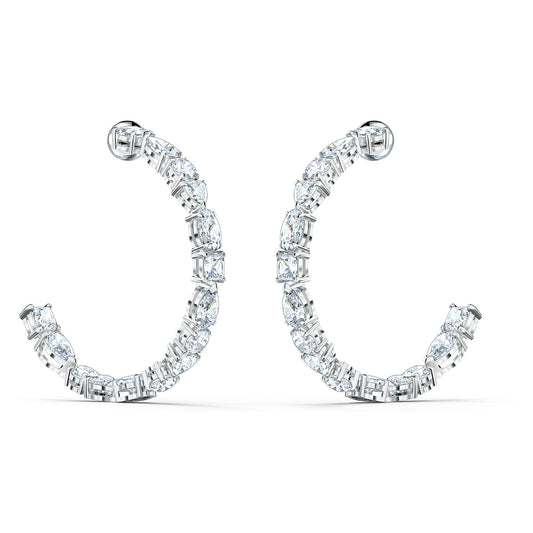 TENNIS DELUXE MIXED HOOP PIERCED EARRINGS, WHITE, RHODIUM PLATED