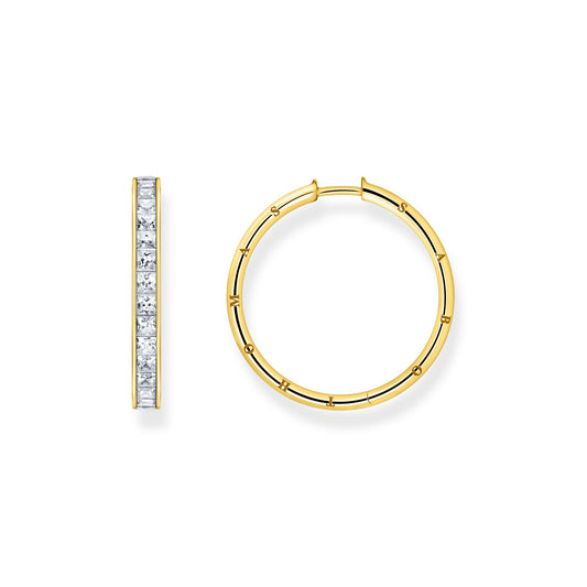 STERLING SILVER YELLOW GOLD PLATED HERITAGE HINGED CZ 30MM HOOP EARRINGS