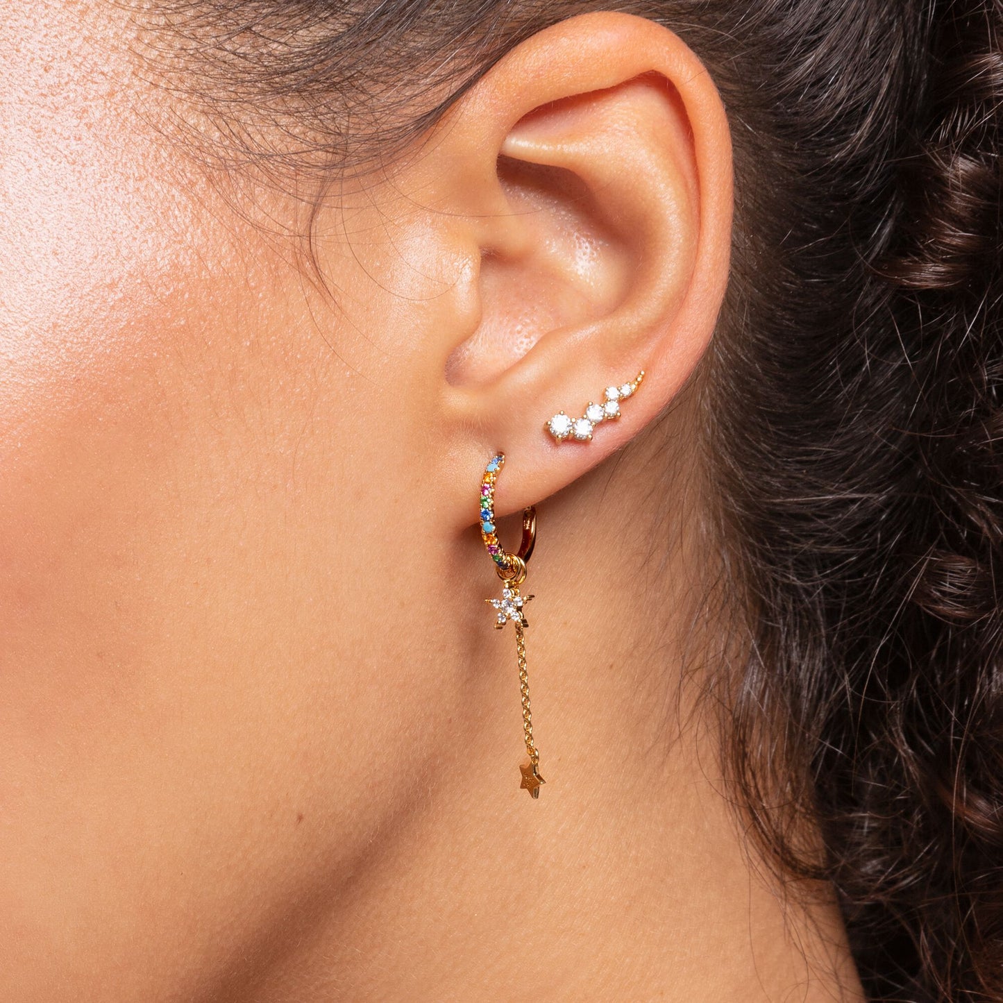 CHARMING COLLECTION YELLOW GOLD PLATED CZ STAR EAR CLIMBER EARRINGS