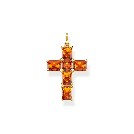 STERLING SILVER YELLOW GOLD PLATED MAGIC STONES COGNAC SMALL CROSS PENDANT