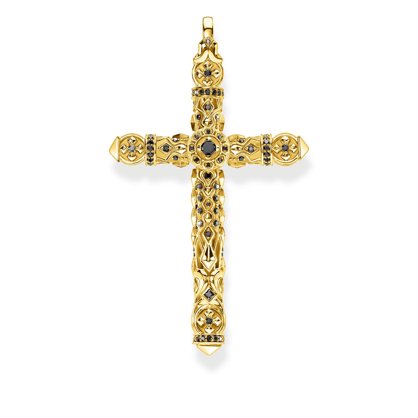 STERLING SILVER YELLOW GOLD PLATED KINGDOM BLACK CZ DECO CROSS PENDANT