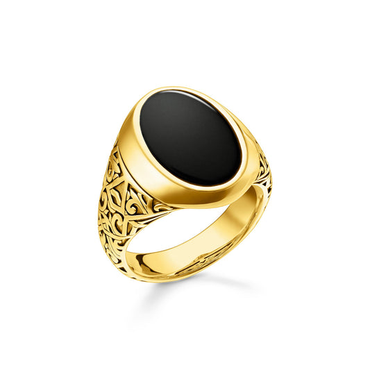 GENTS STERLING SILVER YELLOW GOLD PLATED BLACK ONYX ENGRAVED SIGNET RING SIZE 62