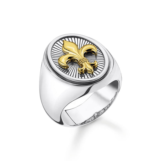 GENTS STERLING SILVER & YELLOW GOLD PLATED REBEL FLEUR DE LYS SIGNET RING SIZE 64