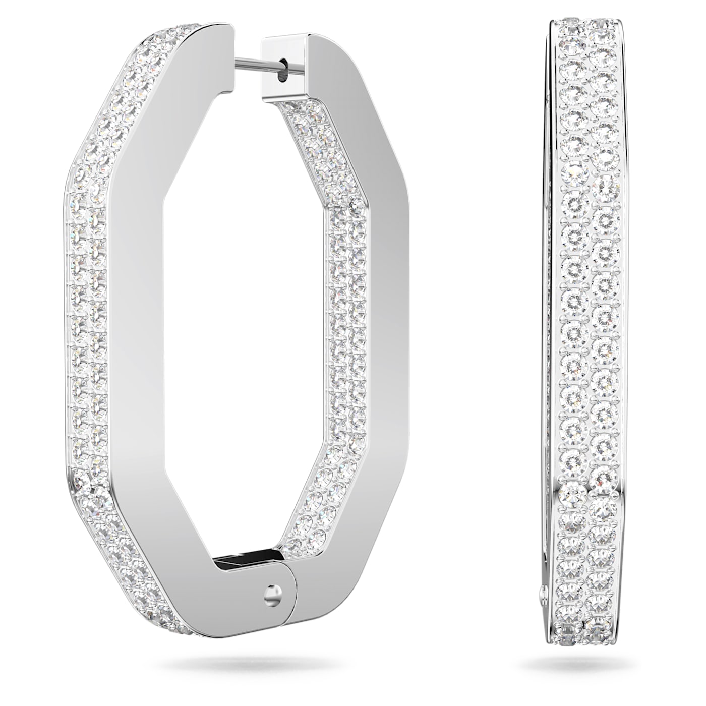 DEXTERA HOOP EARRINGS OCTAGON, PAVE, LARGE, WHITE, RHODIUM PLATED