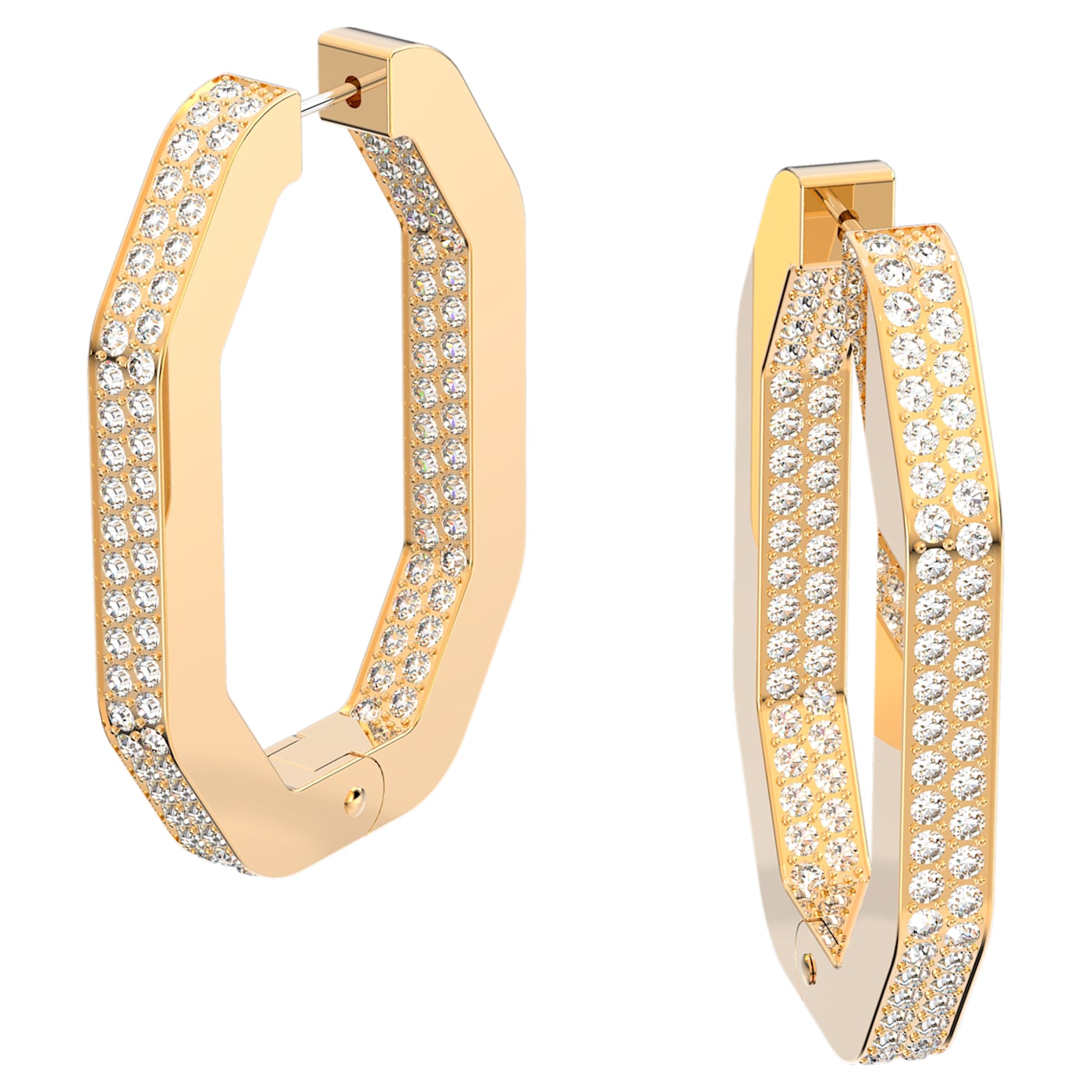 DEXTERA HOOP EARRINGS, OCTAGONAL, FULL PAVE, LARGE, WHITE, GOLD-TONE PLATED