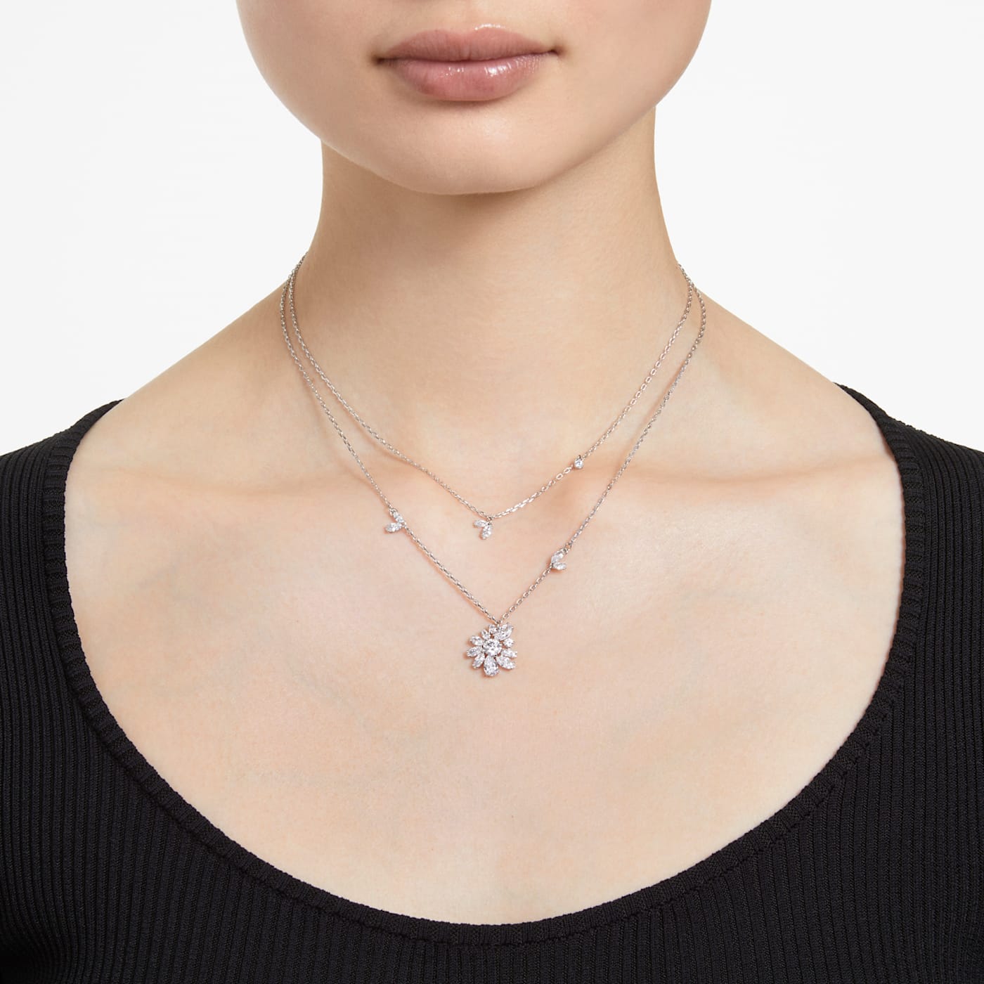 GEMA LAYERED NECKLACE FLOWER - WHITE, RHODIUM
