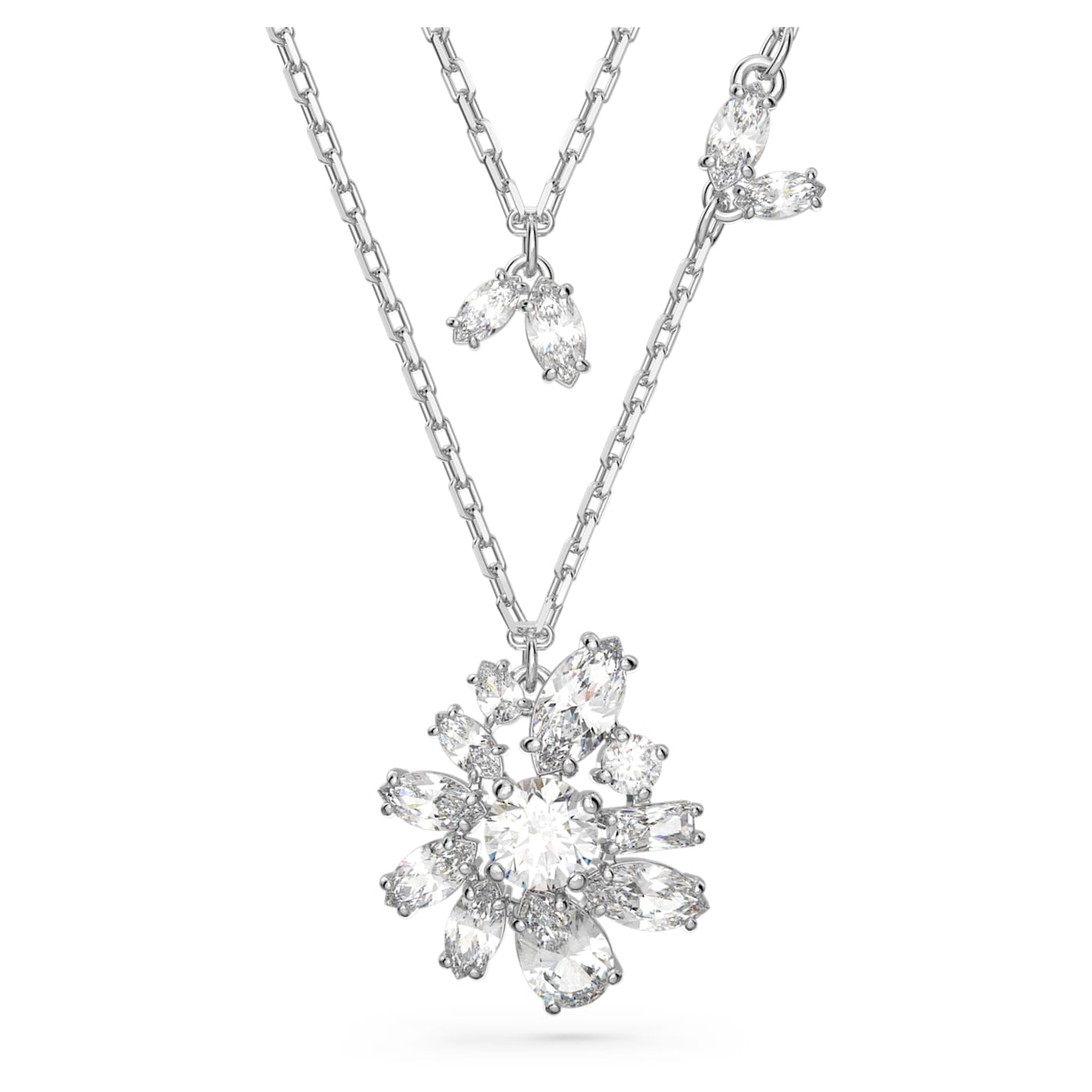GEMA LAYERED NECKLACE FLOWER - WHITE, RHODIUM