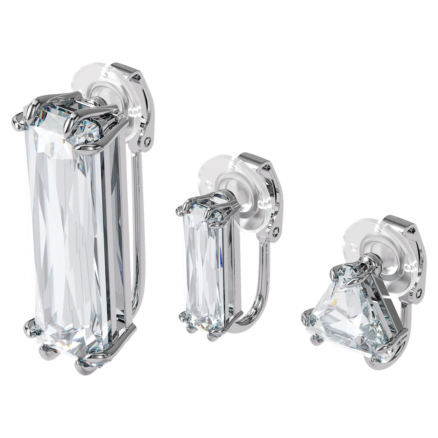 MESMERA CLIP EARRING, SINGLE, SET, BAGUETTE CUT CRYSTAL, WHITE, RHODIUM PLATED