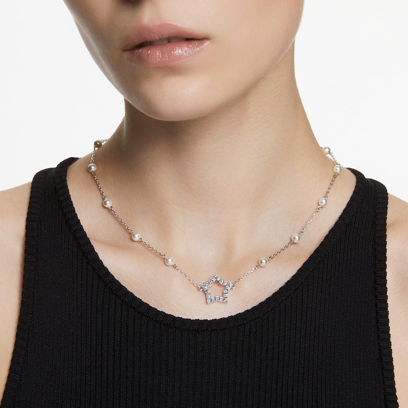 STELLA NECKLACE PEARL STAR - WHITE, RHODIUM